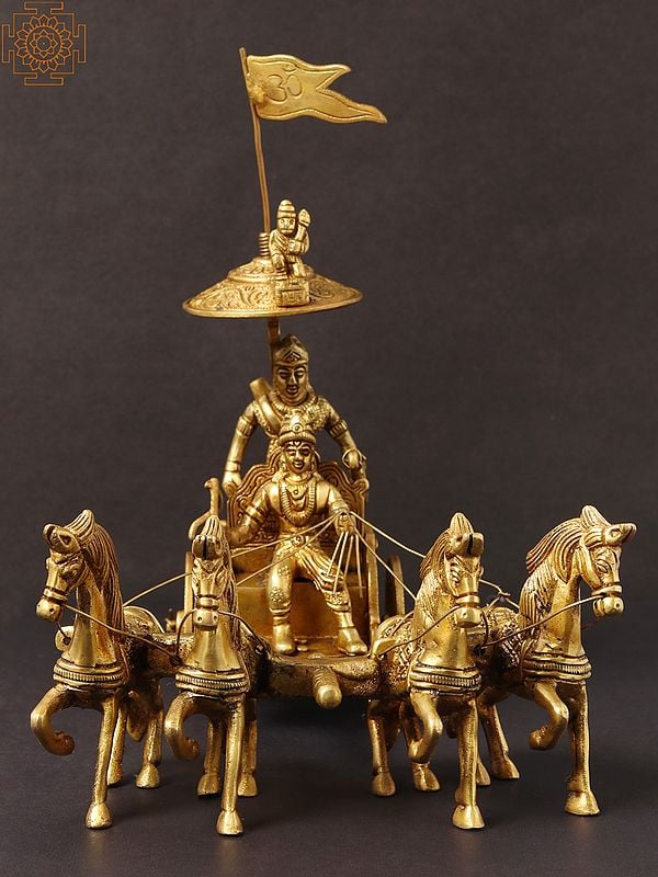 9" Brass Chariot - Krishna Drives Arjuna's Chariot | Handmade | Made in India
