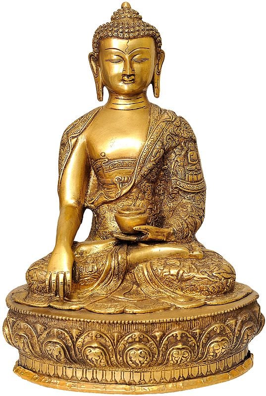 15" Buddha in the Bhumi-Sparsha Mudra (Robes Decorated with the Scenes of His Life) In Brass | Handmade | Made In India