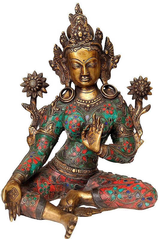 12" Inlay Tibetan Buddhist Goddess Green Tara In Brass | Handmade | Made In India