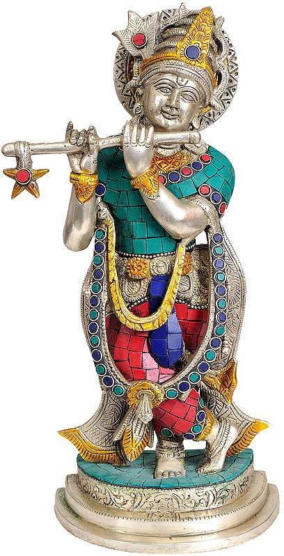 12" Inlay Murli Krishna In Brass | Handmade | Made In India