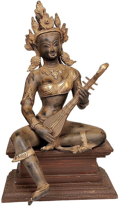 13" Goddess Saraswati Seated on Wooden Pedestal In Brass | Handmade | Made In India