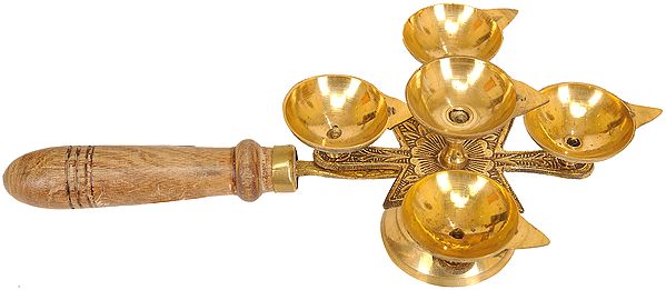 3" Five Wicks Hand Held Puja Lamp In Brass | Handmade | Made In India