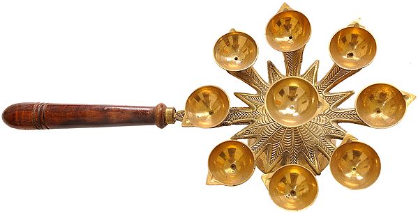 18" Nine Wick Hand Held Big Puja Diya in Brass | Handmade | Made in India