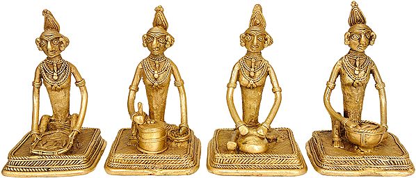 Set of Four Ladies At Their Daily Works (Tribal Statue From Bastar)