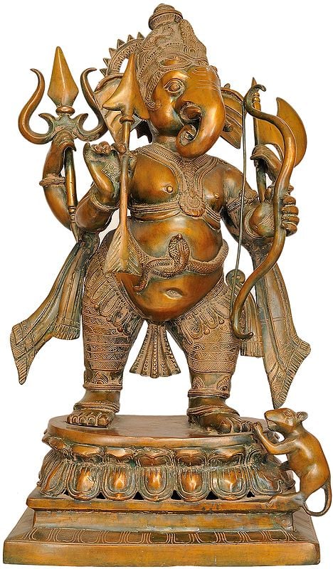 28" Large Size Yuddha-Ganapati: Ganesha in Warrior Form In Brass | Handmade | Made In India