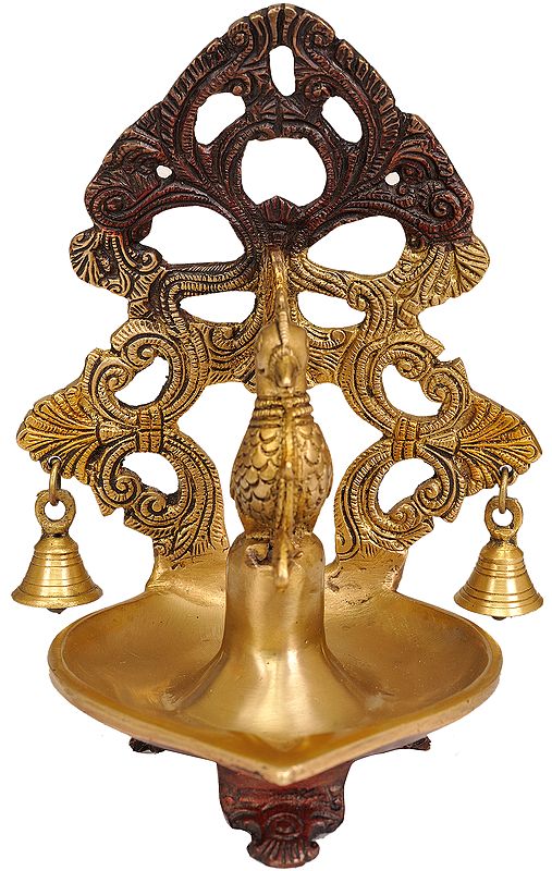 8" Peacock Lamp with Bells in Brass | Handmade | Made in India