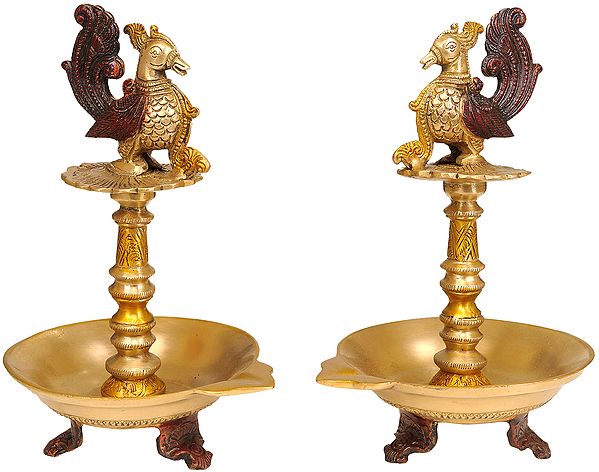9" A Pair of Peacocks Lamp In Brass | Handmade | Made In India