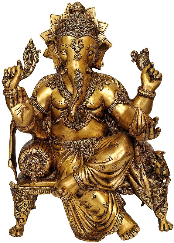 20" Large Size Lord Ganesha Seated on Chowki In Brass | Handmade | Made In India