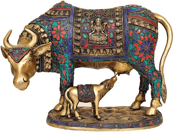 13" Inlay Cow and Calf (Over-Cloth Decorated with Lakshmi and Ganesha) In Brass | Handmade | Made In India
