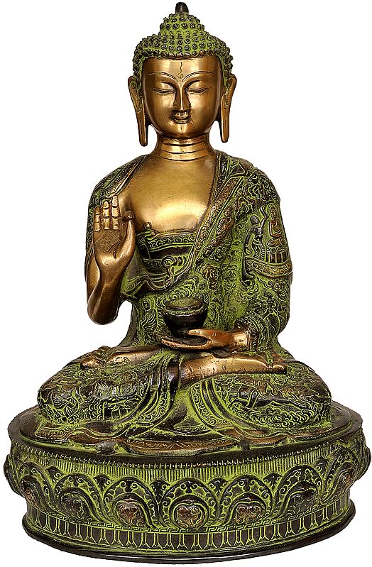 15" Blessing Buddha (Robes Decorated with The Scenes of His Life) In Brass | Handmade | Made In India