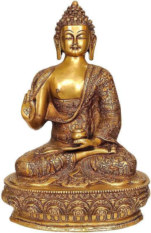 13" Blessing Buddha (Robes Decorated with The Scenes of His Life) In Brass | Handmade | Made In India