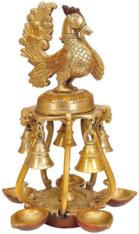 9"  Peacock Lamp with Diyas and Hanging Bells In Brass | Handmade | Made In India