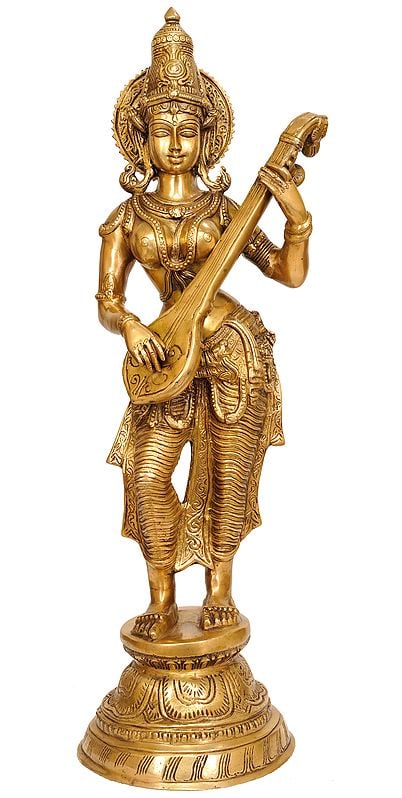 28" Devi Saraswati Playing Veena In Brass | Handmade | Made In India