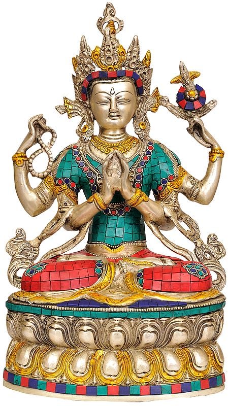 14" Tibetan Buddhist Deity- Chenrezig Shadakshari Lokeshvara In Brass | Handmade | Made In India