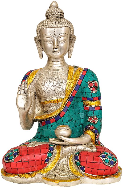 10" Blessing Buddha with Inlay Work In Brass | Handmade | Made In India