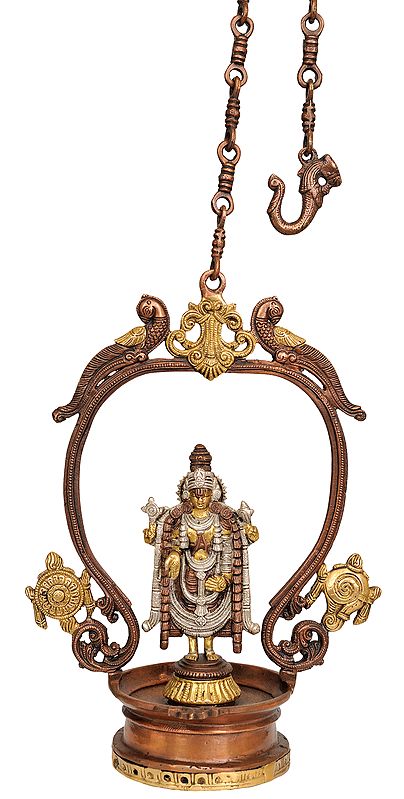 14" Lord Venkateshvara Balaji with Chakra and Conch In Brass | Roof Hanging Lamp | Handmade | Made In India