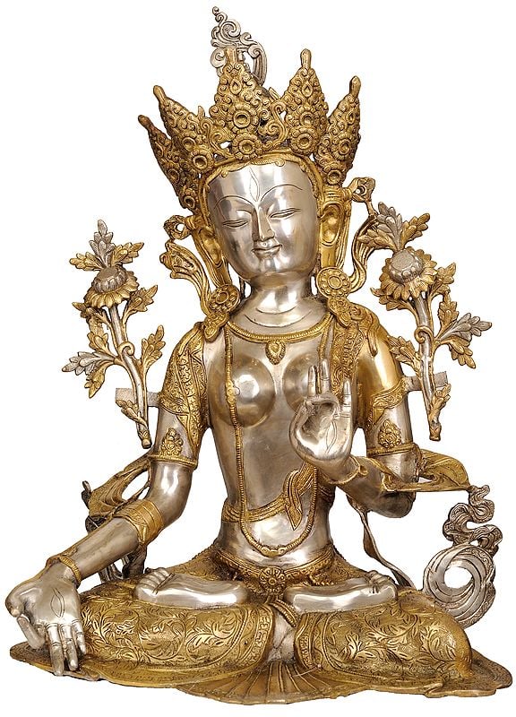 28" Large Size White Tara (Tibetan Buddhist Deity) In Brass | Handmade | Made In India