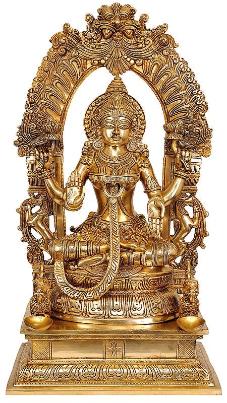 24" Goddess Lakshmi with Floral Aureole In Brass | Handmade | Made In India