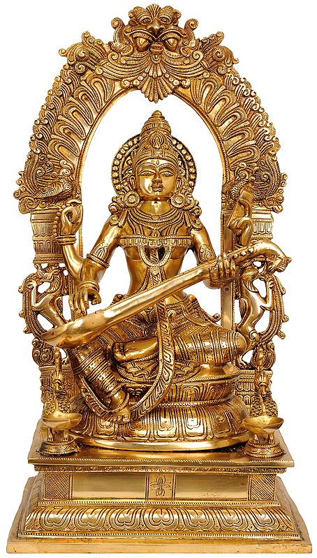 24" Goddess Saraswati Playing Veena with Floral Aureole In Brass | Handmade | Made In India