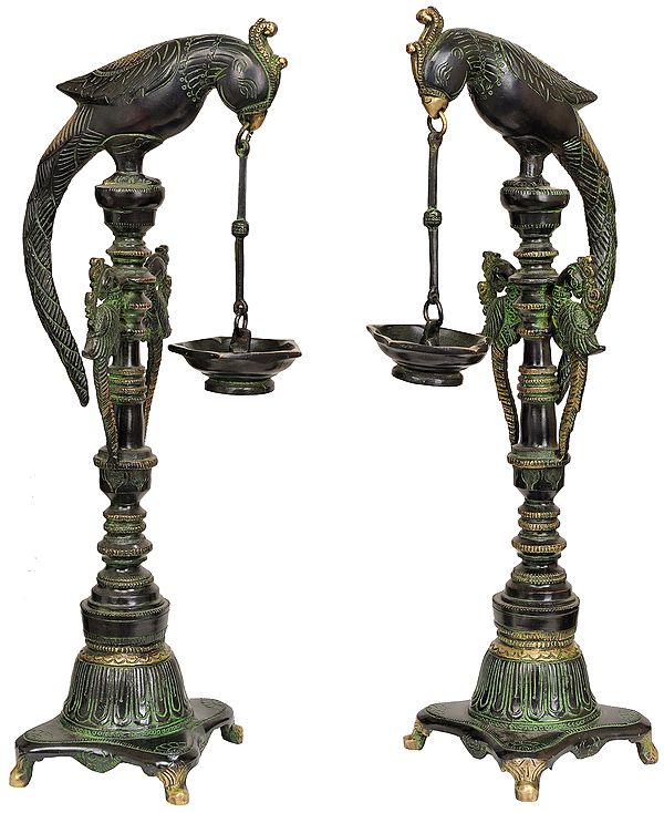 16" Pair of Parrots Lamp in Brass | Handmade | Made in India