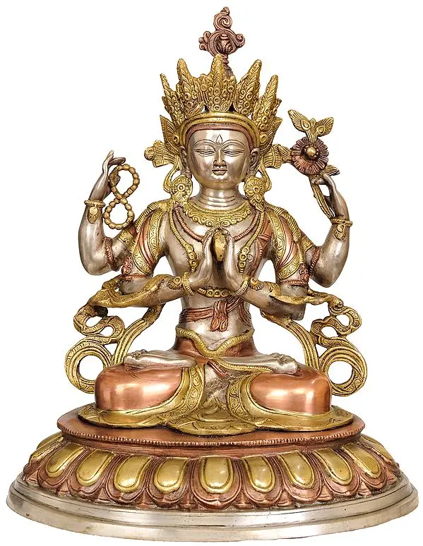18" Chenrezig- Four Armed Avalokiteshvara (Tibetan Buddhist Deity) In Brass | Handmade | Made In India