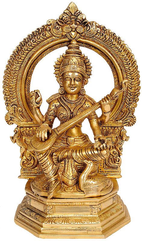 9" Goddess Saraswati Playing Veena In Brass | Handmade | Made In India