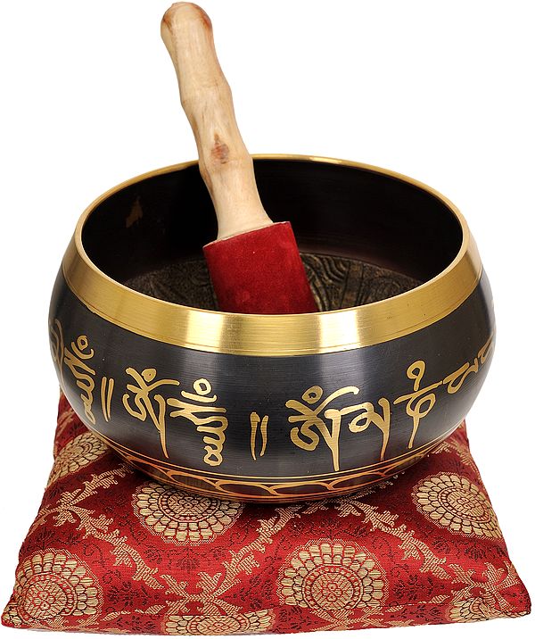 Tibetan Buddhist Singing Bowl with the Figures of Buddha Inside and Mantras Outside (with Cushion)