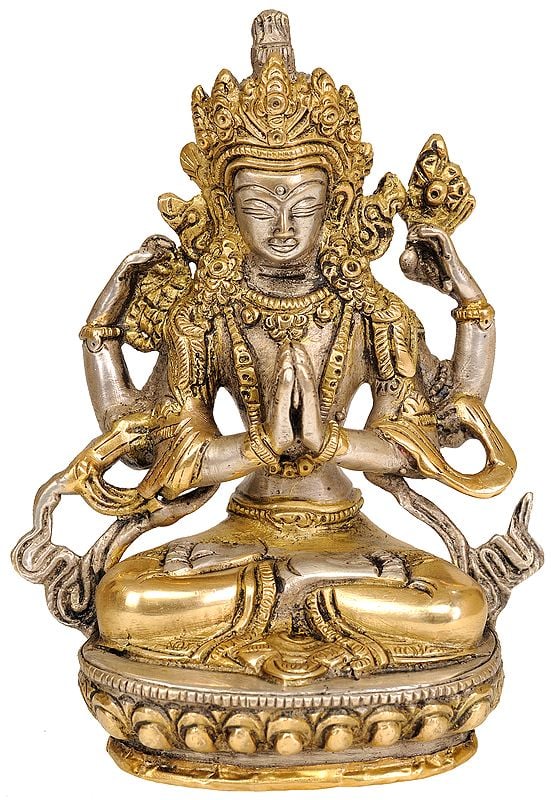 5" Buddhist Deity Chenrezig (Shadakshari Lokeshvara) Brass Statue | Handmade | Made in India