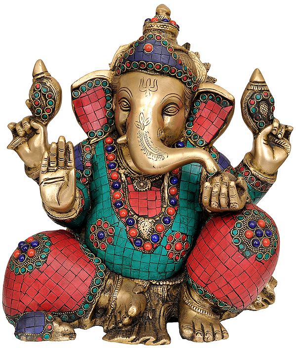 13" Bhagawan Ganapati (Inlay Statue) In Brass | Handmade | Made In India