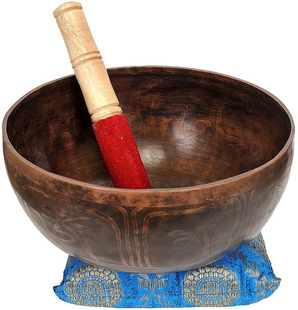 Tibetan Buddhist Singing Bowl with the Image of Auspicious Symbol and Mantras