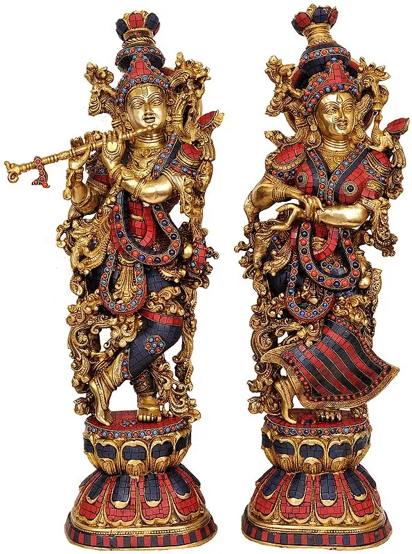 28" Radha Krishna (A Pair of Inlay Statues) In Brass | Handmade | Made In India