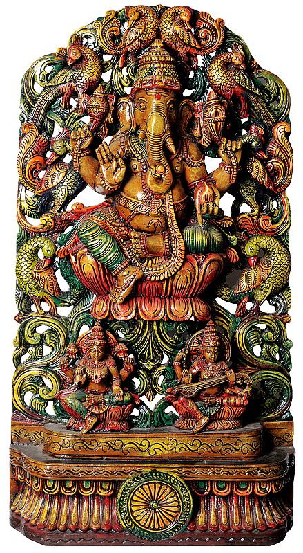 Lord Ganesha with Lakshmi and Saraswati in Floral Arch