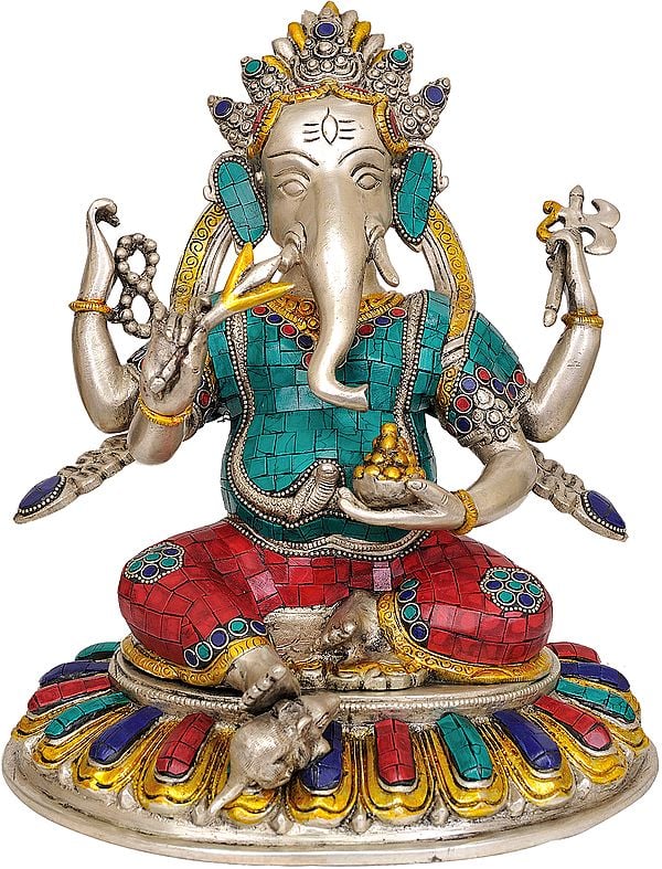 11" Bhagawan Ganesha (An Inlay Statue) In Brass | Handmade | Made In India