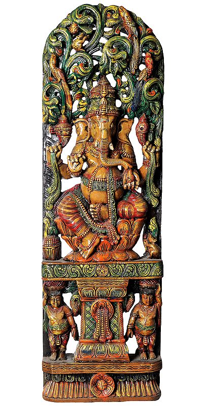 Seated Ganesha on Lotus with Two Shivagan