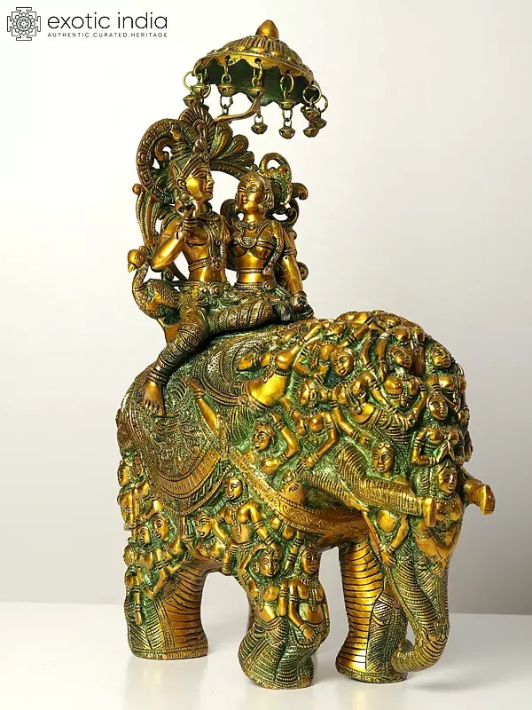 23" Radha and Krishna Riding on Elephant | Handmade Brass Statue