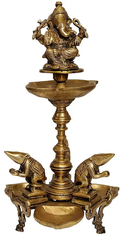 15" Ganesha Lamp with Three Rats in Homage In Brass | Handmade | Made In India