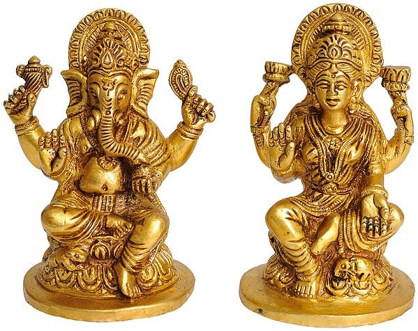 4" Pair of Ganesha and Lakshmi In Brass | Handmade | Made In India