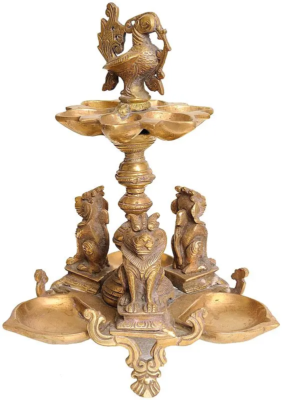 Peacock Lamp with Temple Lions