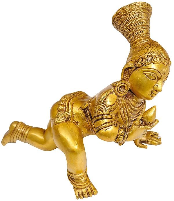 9" Baby Krishna Idol Eating Butter with Tribal Hair Style | Handmade Brass Statue | Made in India