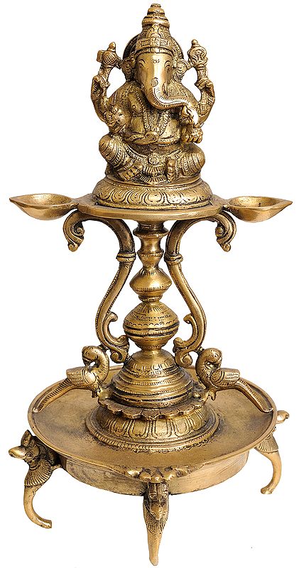 14" Lord Ganesha Lamp in Brass | Handmade | Made in India