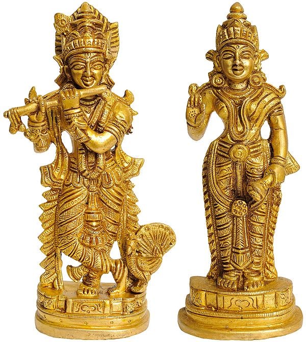 7" Pair of Krishna and Rukmani In Brass | Handmade | Made In India