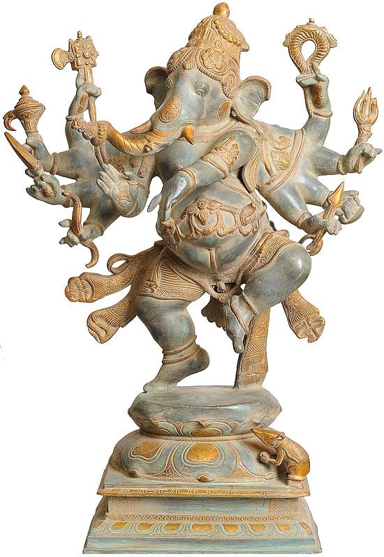 26" Large Size Ashtabhuja-dhari Yuddha Ganesha Brass Statue (Ganesha the Spiritual Warrior)