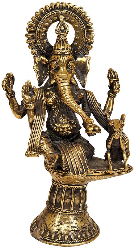 8" Fine Tribal Ganesha Enjoying Modak In Brass | Handmade | Made In India