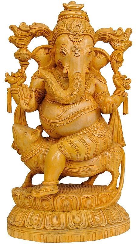 Lord Ganesha Idol Seated on Musaka | Carved Cedar Wood from Trivandrum Kerala
