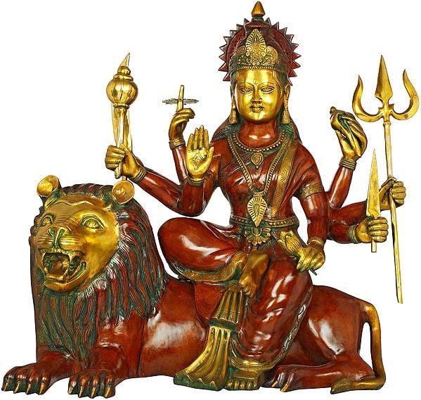 33" Large Goddess Durga Seated on Lion in Brass | Handmade | Made in India