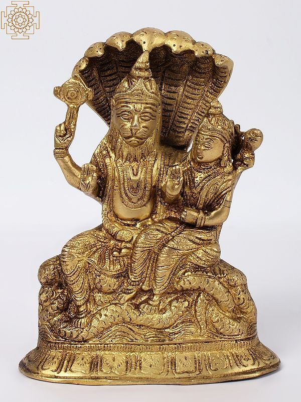 7" Lord Narasimha with Goddess Lakshmi Idol in Brass | Handmade Brass Statue | Made in India