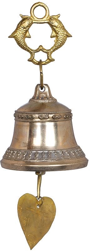 10" Twin Fishes Tibetan Buddhist Hanging Bell with Leaf In Brass | Handmade | Made In India