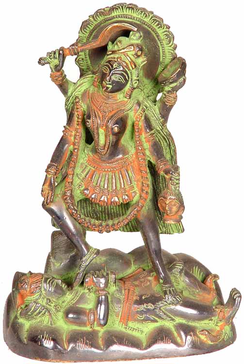 7" Brass Chaturbhujadhari Devi Kali Sculpture Wields Mace | Handmade | Made in India