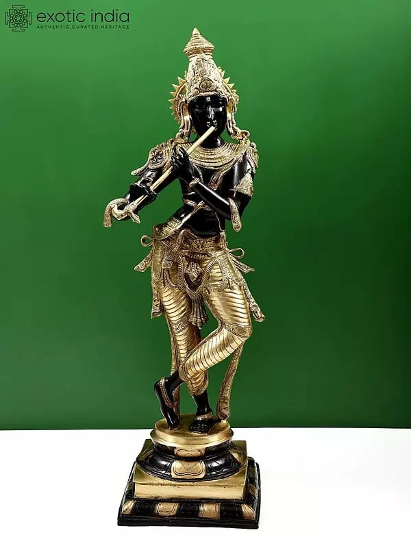 34" Large Size Lord Krishna Playing Flute In Brass | Handmade | Made In India