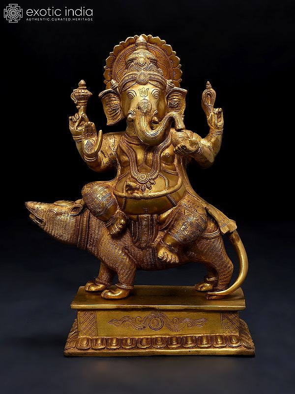 16" Lord Ganesha Seated on a Rat In Brass | Handmade | Made In India